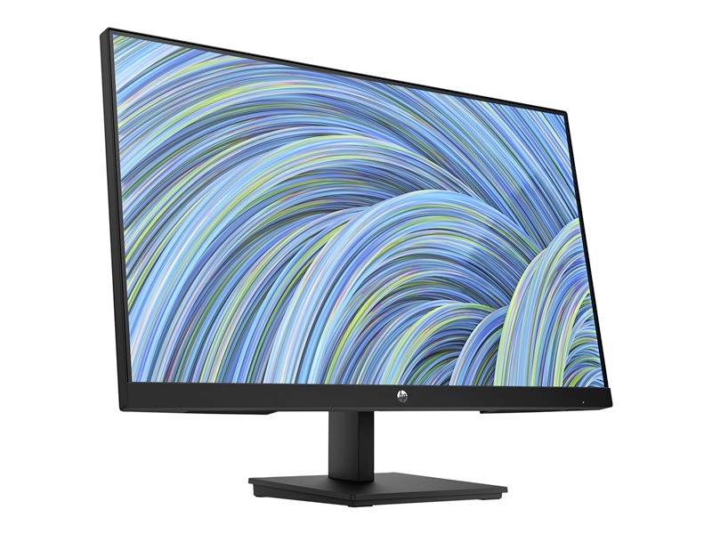Ein schwarzer Computermonitor mit einem abstrakten, blauen und grünen Linienmuster auf dem Bildschirm. Monitor ist leicht nach rechts geneigt.