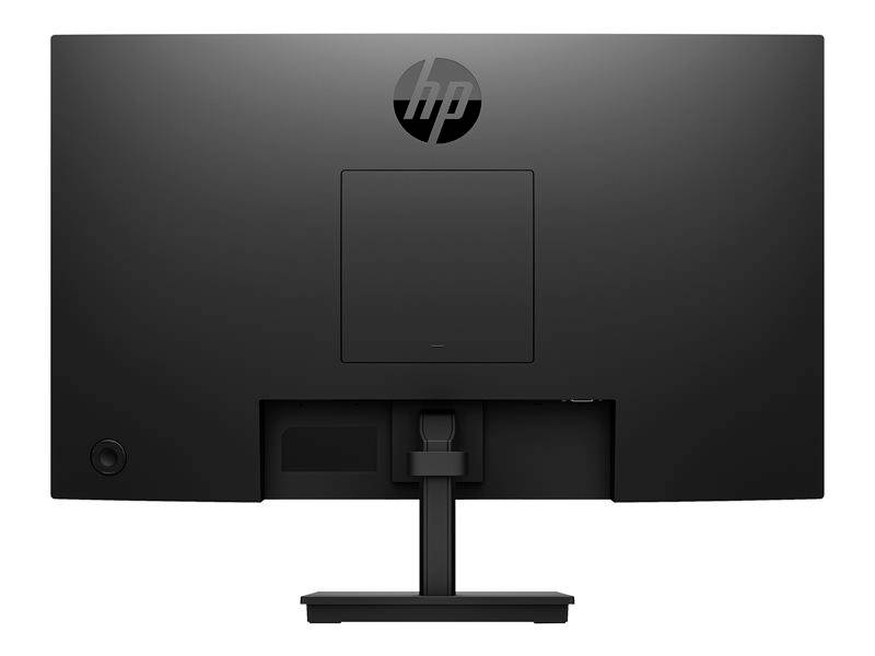 Ein schwarzer Computermonitor von hinten, mit einem sichtbaren HP-Logo und Standfuß.