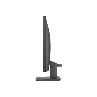 Seitenansicht eines modernen Computermonitors mit schlankem Design und rechteckigem Standfuß vor einem weißen Hintergrund.