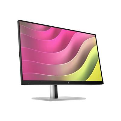 Ein Monitor mit einem modernen Design und buntem Bildschirm. Darauf sind farbige, wellenförmige Muster in Pink und Gelb zu sehen.