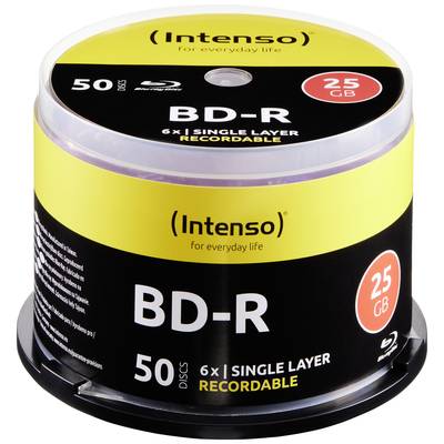 Eine Spindel mit 50 Intenso BD-R 25 GB Discs, geeignet zum Aufnehmen von Daten. Die Verpackung zeigt Kapazität und Kompatibilität.