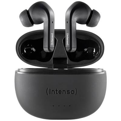 Schwarze kabellose Ohrhörer von Intenso in geöffneter Ladebox, zeigen den Markennamen auf den Ohrhörern.