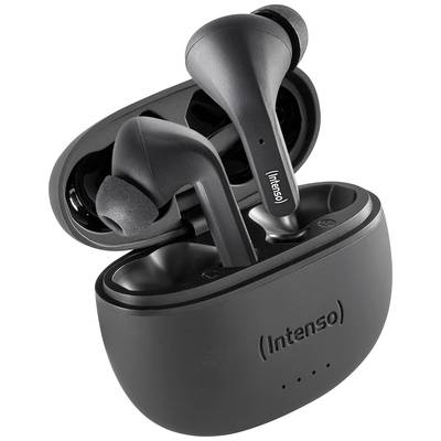 Schwarze kabellose In-Ear-Kopfhörer der Marke 'Intenso', in einer offenen Ladehülle präsentiert.
