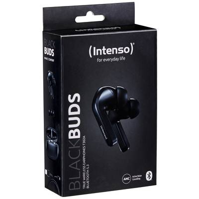 Schwarze, kabellose Ohrhörer-Verpackung. Marke 'Intenso', Modell 'BlackBuds', unterstützt Bluetooth 5.3 und aktive Geräuschunterdrückung.