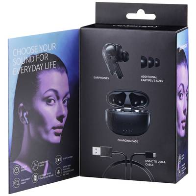 Verpackung von kabellosen Ohrhörern mit Ladekoffer, USB-C-Kabel und drei Ohrstöpselgrößen. Aufdruck: 'Choose your sound for everyday life'.