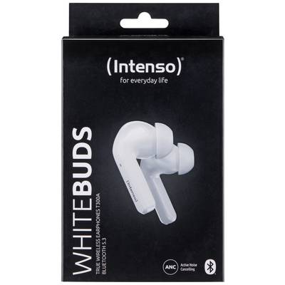 Verpackung eines Intenso WhiteBuds Bluetooth-Kopfhörers mit Geräuschunterdrückung. Die Kopfhörer sind weiß dargestellt.