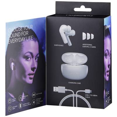 Eine Verpackung von kabellosen Ohrhörern mit Ladekabel, mehreren Ohrstöpseln und Ladecase. 'Choose your sound for everyday life' steht auf der Verpackung.