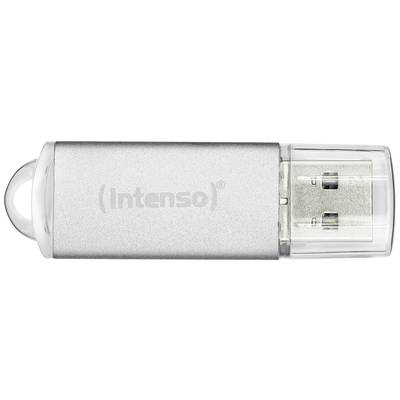 Silberner USB-Stick mit durchsichtigem Schutzkappe, mit dem Schriftzug 'Intenso' auf der Oberfläche.