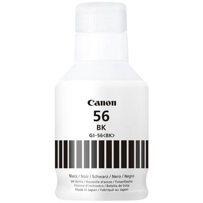 Weiße Tintenflasche von Canon, Modell GI-56BK, mit 135 ml Inhalt. Aufschrift in mehreren Sprachen, darunter 'Schwarz' und 'Made in Japan'.
