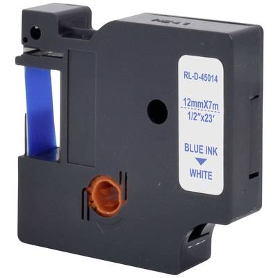 Ein blau-weißes Etikettenband mit den Maßen 12 mm × 7 m. Auf der Seite steht: 'RL-D-45014', 'BLUE INK WHITE'.