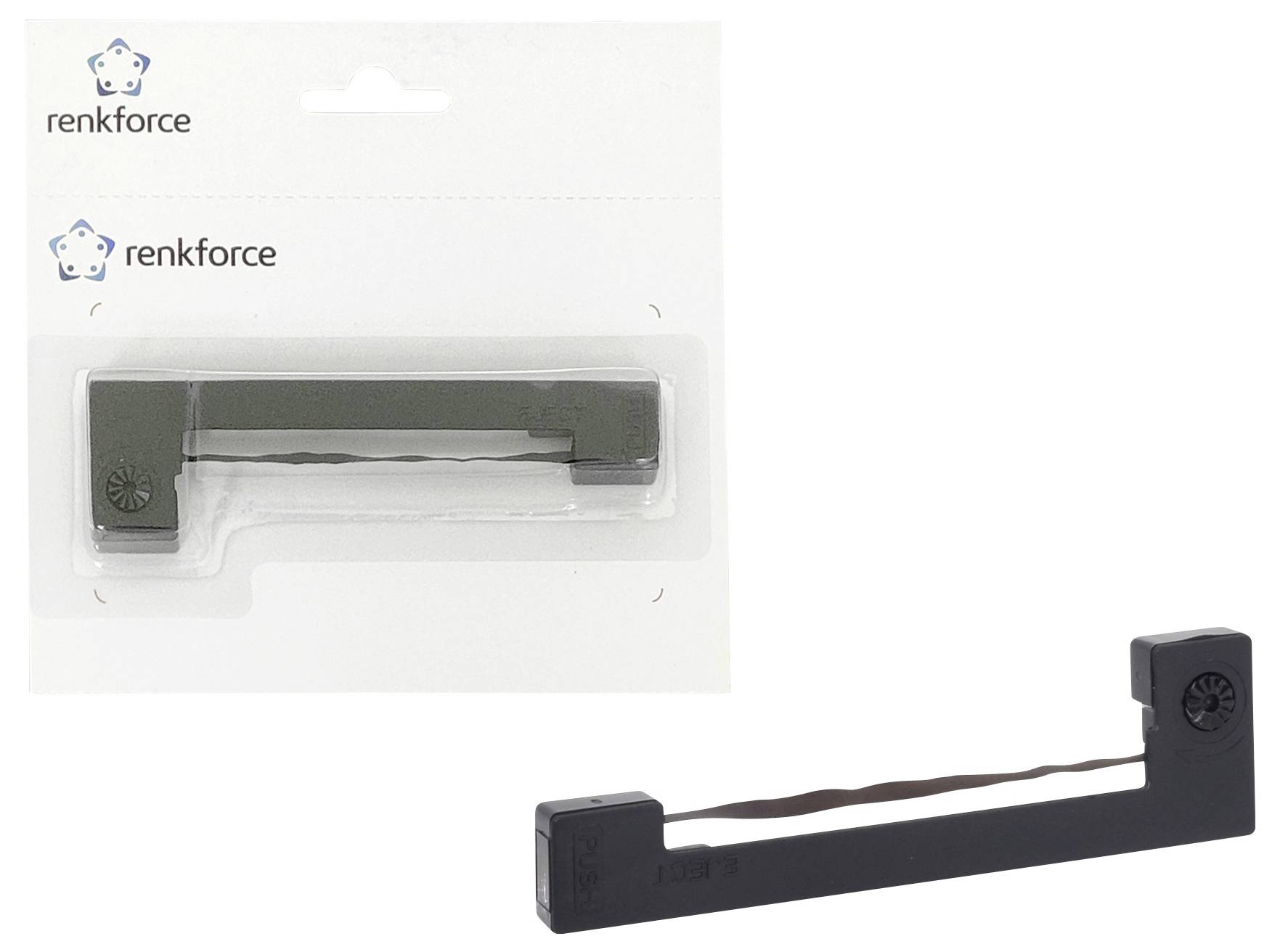 Ersatz-Farbband von Renkforce, schwarz, in Verpackung und ausgepackt, geeignet für Drucker.