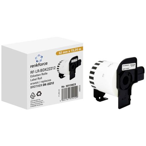 Renkforce Etiketten Rolle Kompatibel ersetzt Brother DK-22212 62 mm x 15.24 m Papier Weiß 15.24 m Permanent haftend Endl...