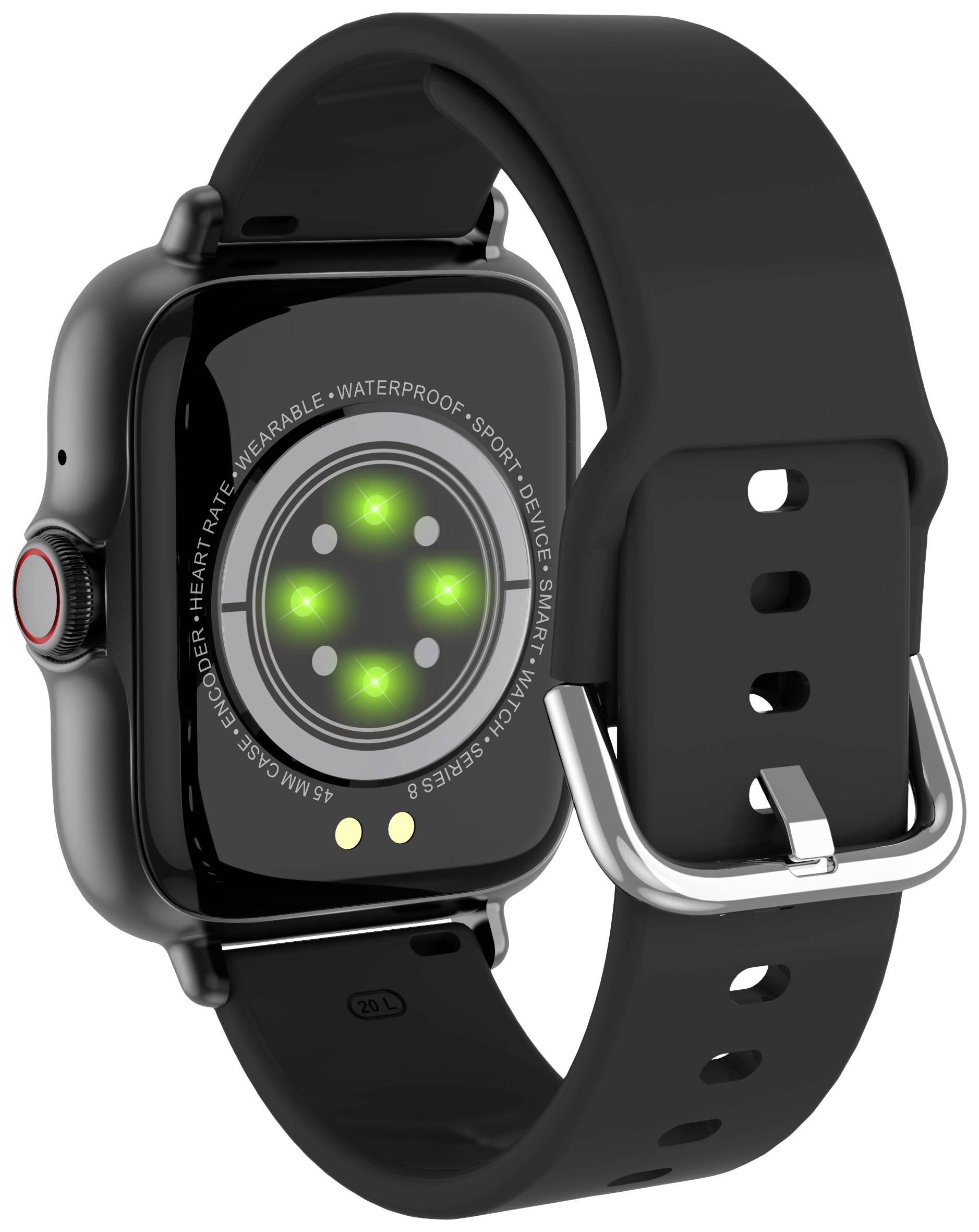Schwarze Smartwatch mit LED-Lichtern auf der Rückseite zur Herzfrequenzmessung, Silikonarmband und rechteckigem Display.