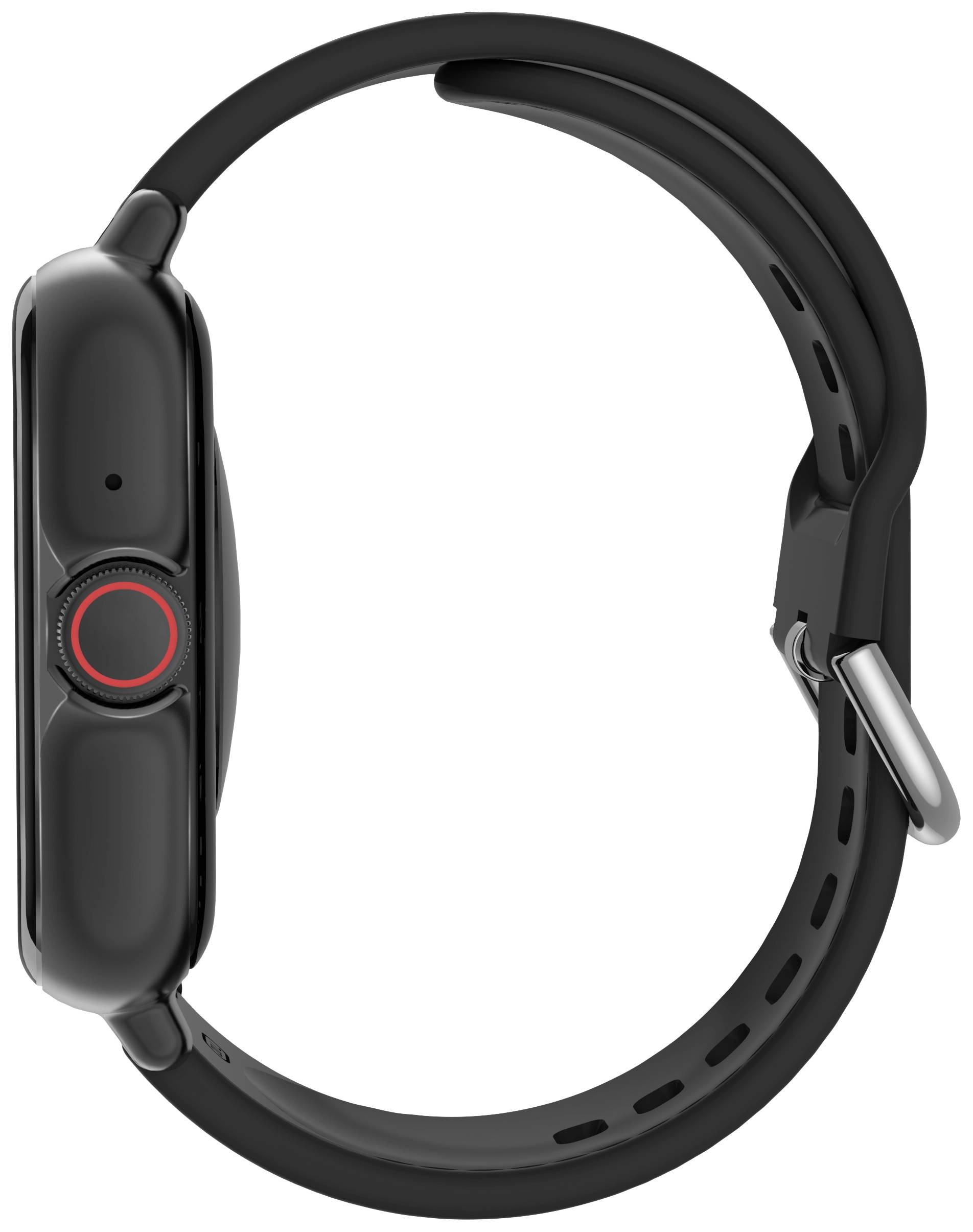 Eine schwarze Smartwatch mit rundem Gehäuse, seitlicher roter Taste und schwarzem Armband in seitlicher Ansicht.