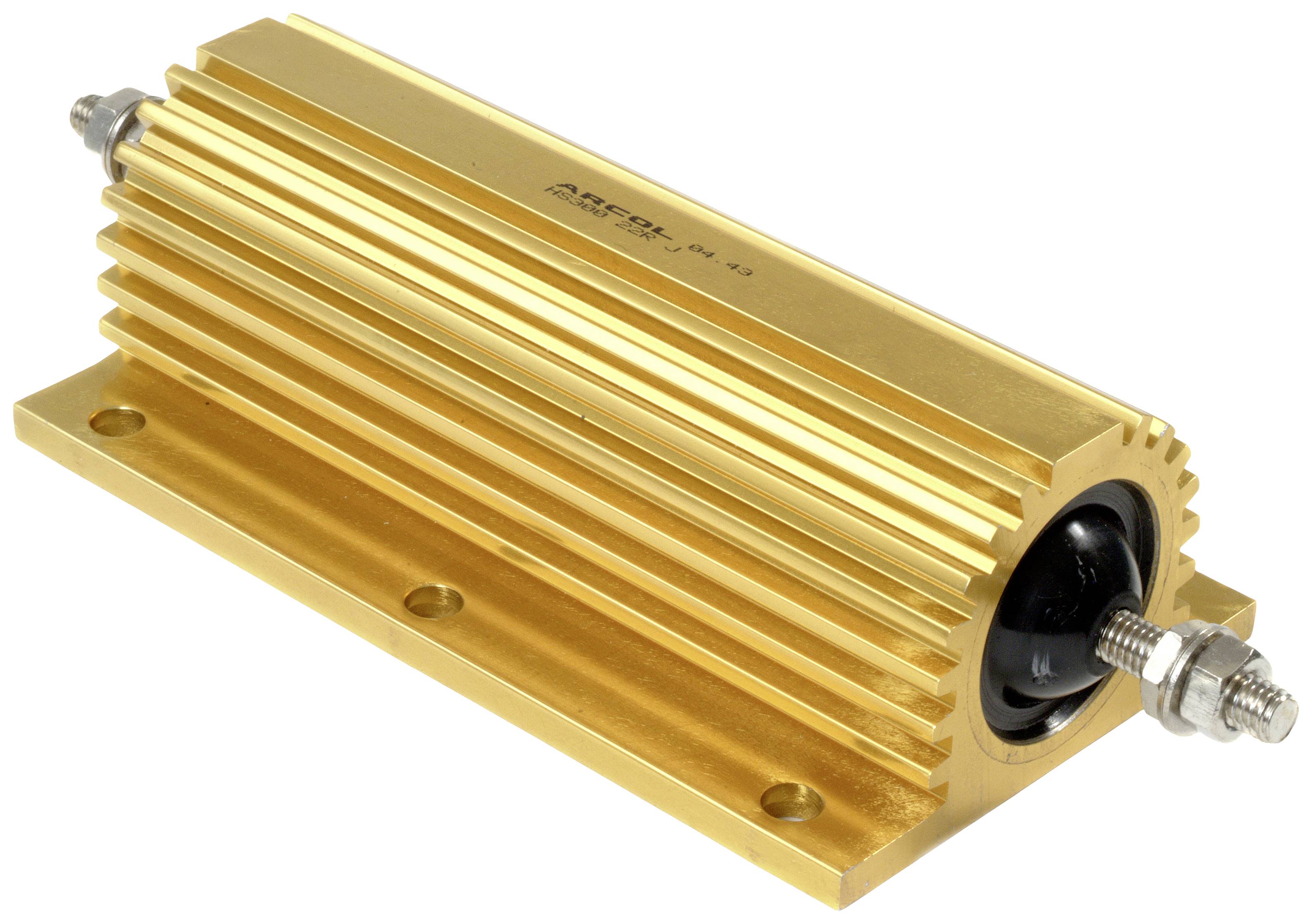 Ein goldfarbener, gerippter Widerstand auf einer Metallplatte, mit sichtbaren elektrischen Anschlüssen an beiden Enden.