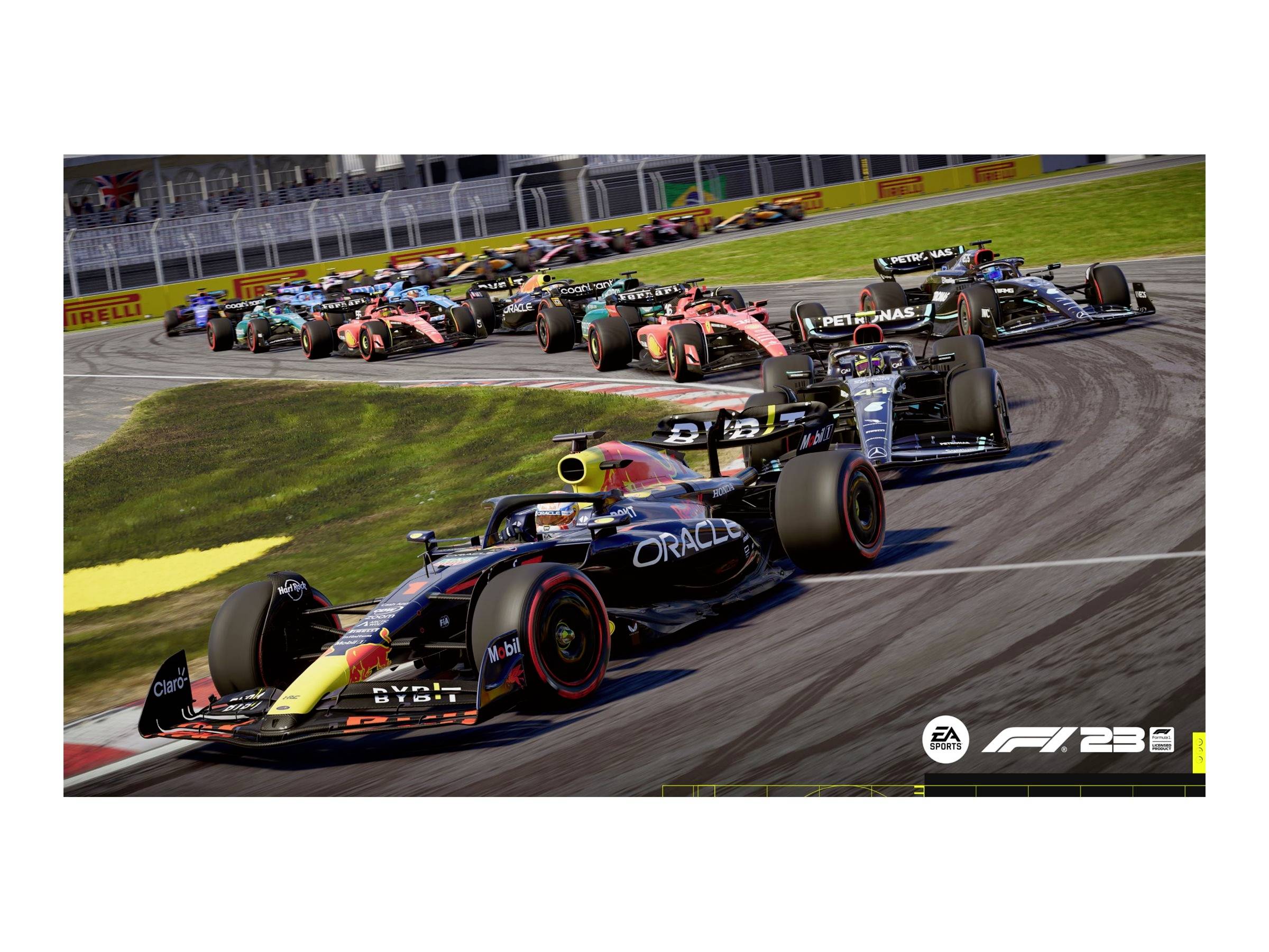 Mehrere Formel-1-Autos fahren in einer Kurve auf einer Rennstrecke. Der Vordergrund zeigt ein Auto mit 'Oracle'-Logo.