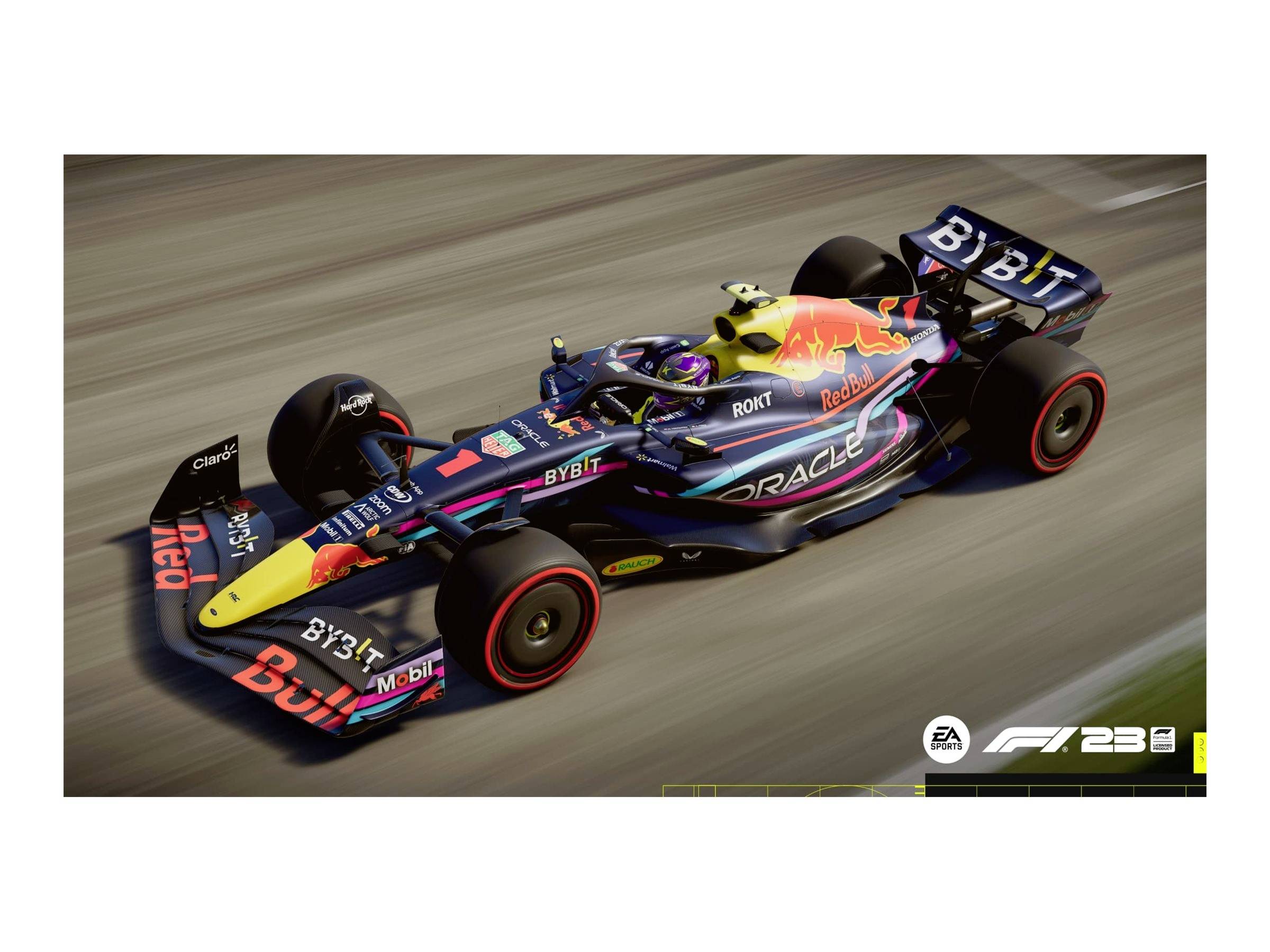 Formel-1-Auto in Bewegung auf der Rennstrecke, dekoriert mit Sponsorenlogos und auffälligem Design, fährt während eines Rennens.
