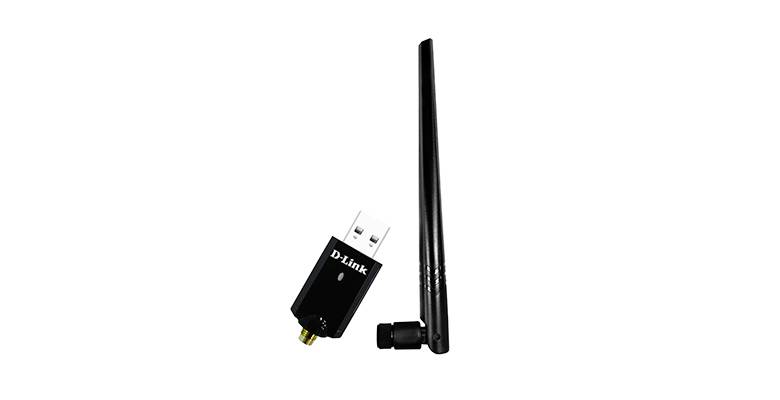 Ein schwarzer USB-WLAN-Adapter mit großer Antenne, der für kabellose Internetverbindung verwendet wird. Markiert mit 'D-Link'.