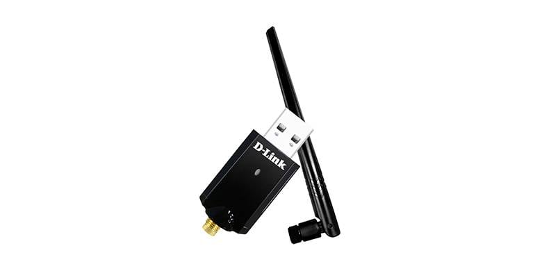 USB-WLAN-Adapter mit abnehmbarer Antenne von D-Link, verwendet zur Erweiterung der WLAN-Konnektivität von Computern.