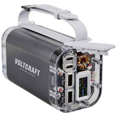 Tragbare Powerbank mit 100Wh Kapazität von Voltcraft, beinhaltet mehrere USB-Anschlüsse und ein kleines Display zur Energieanzeige.