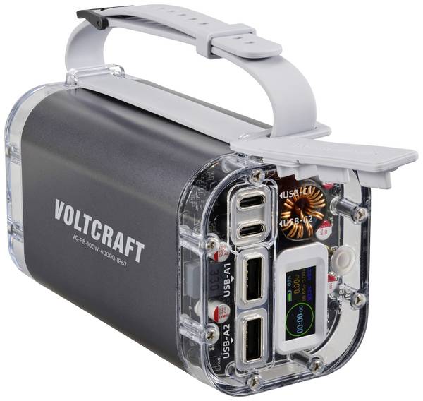 VOLTCRAFT VC-PB-100W-40000-IP67 Powerbank 40000 mAh USB PD LiPo USB-C®, USB-A (Host) Aluminium-Grau LED Taschenlampe, Outdoor, Statusanzeige