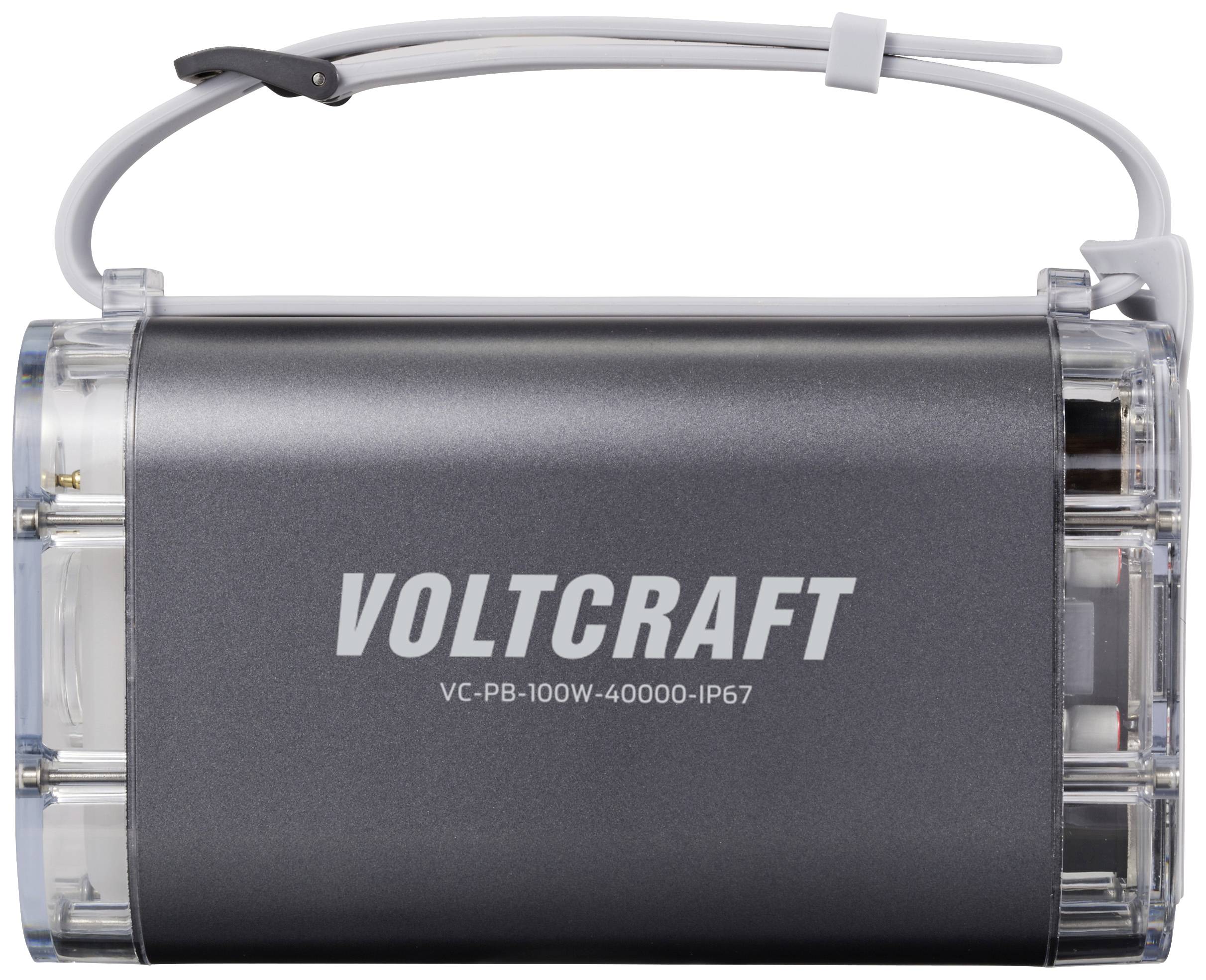 Ein tragbares Ladegerät von Voltcraft, Modell VC-PB-100W-40000-IP67, mit robustem, wasserfestem Gehäuse zum sicheren Laden unterwegs.