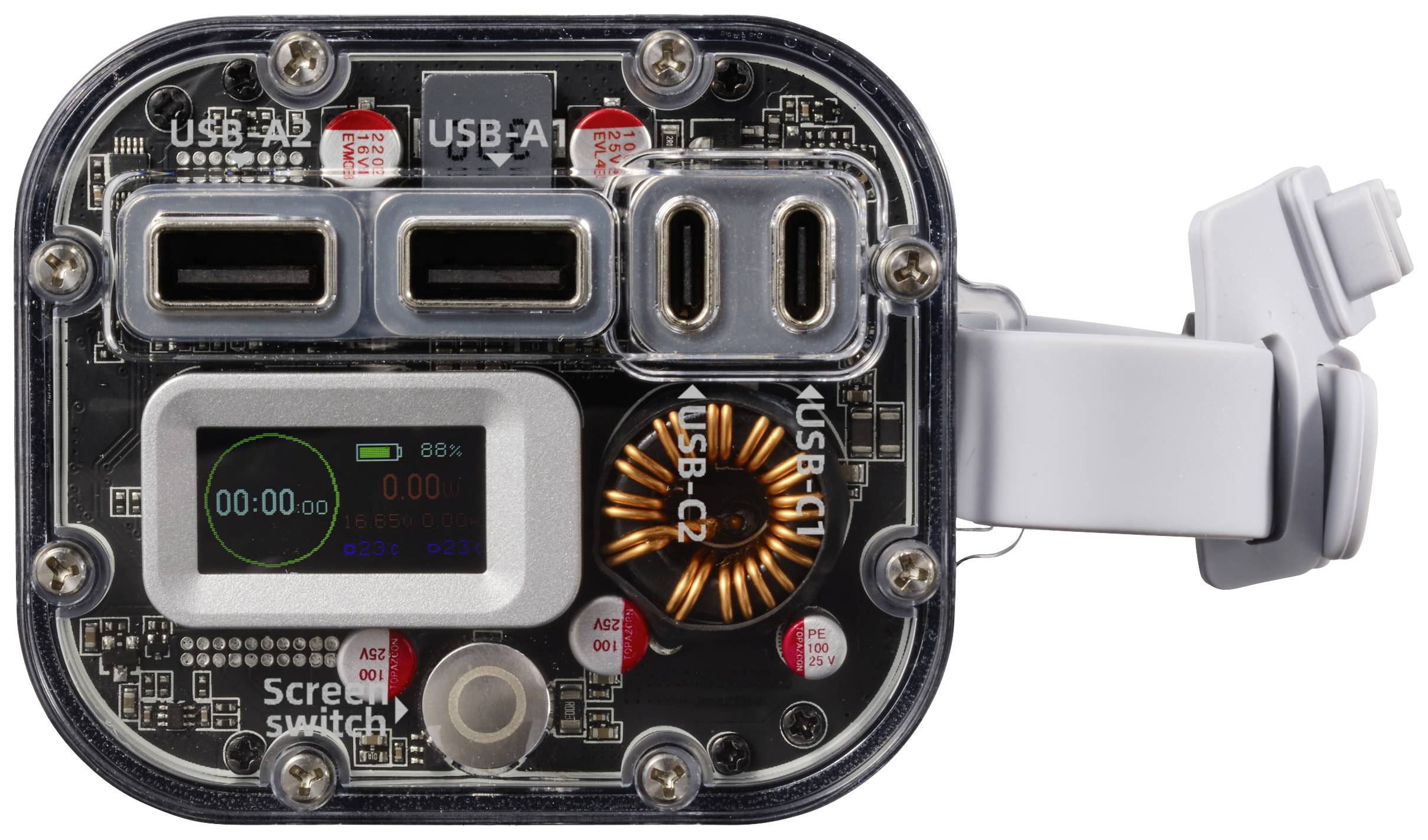 Ein elektronisches Gerät mit mehreren USB-Anschlüssen und einem Display, das den Ladevorgang anzeigt.