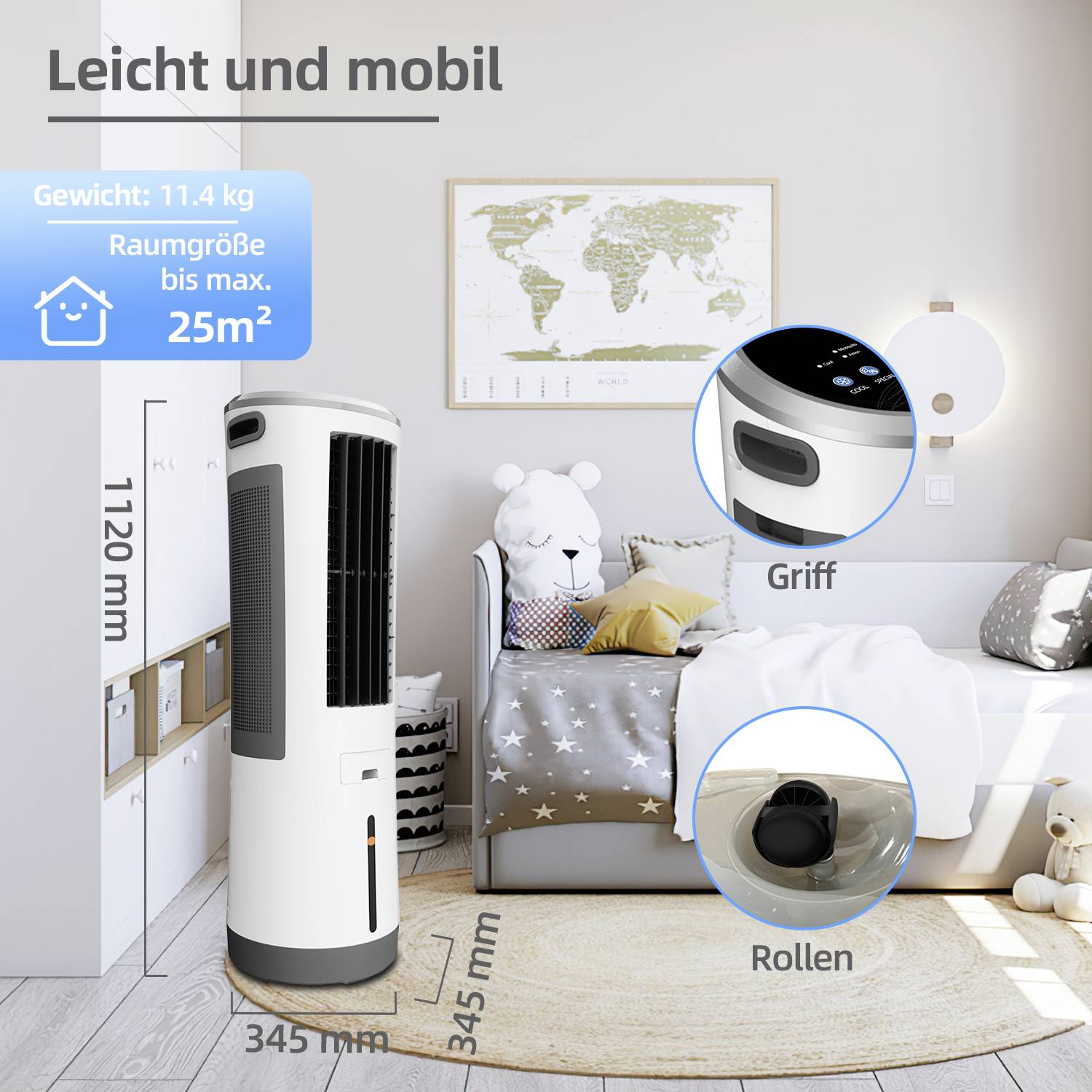 Ein weißer Luftkühler mit Griff und Rollen steht in einem gemütlichen Wohnzimmer. Er hat eine Höhe von 1120 mm, deckt 25 m² ab und wiegt 11,4 kg.