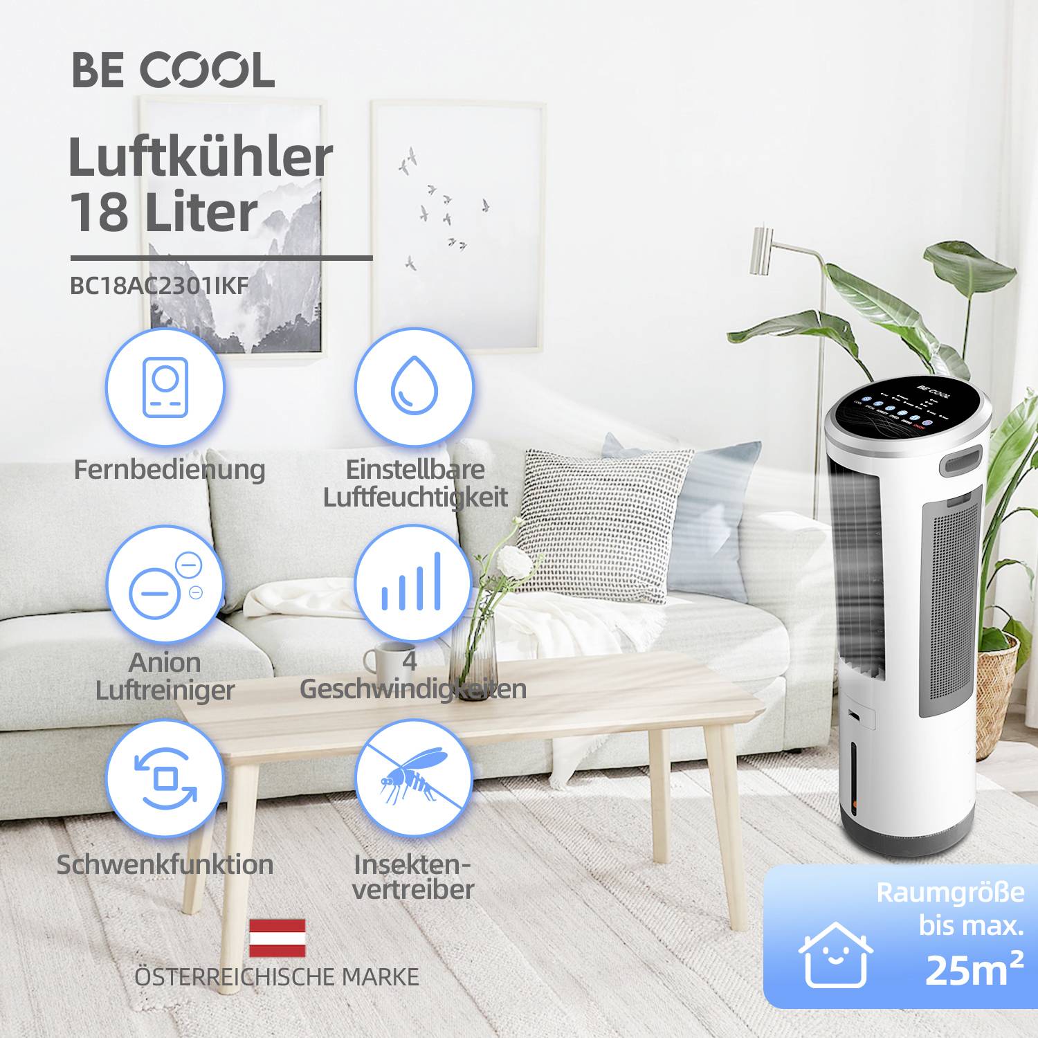 Luftkühler auf weißem Hintergrund mit Bedienfeld auf der Oberseite. Text beschreibt Funktionen wie Fernbedienung, Einstellungen, Luftbefeuchtung, 4 Geschwindigkeiten, und Raumgröße bis 25 m².