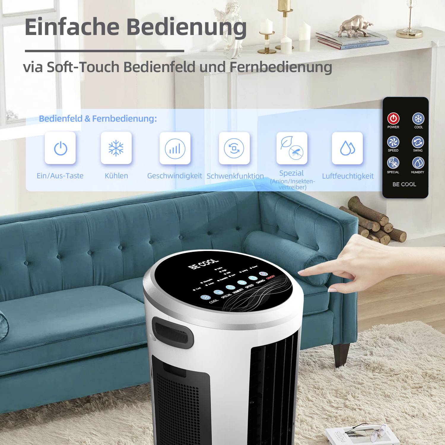 Ein tragbares Klimagerät mit Soft-Touch-Bedienfeld. Ein Finger zeigt auf die Bedienoptionen für Kühlung, Ventilator, und Modi.