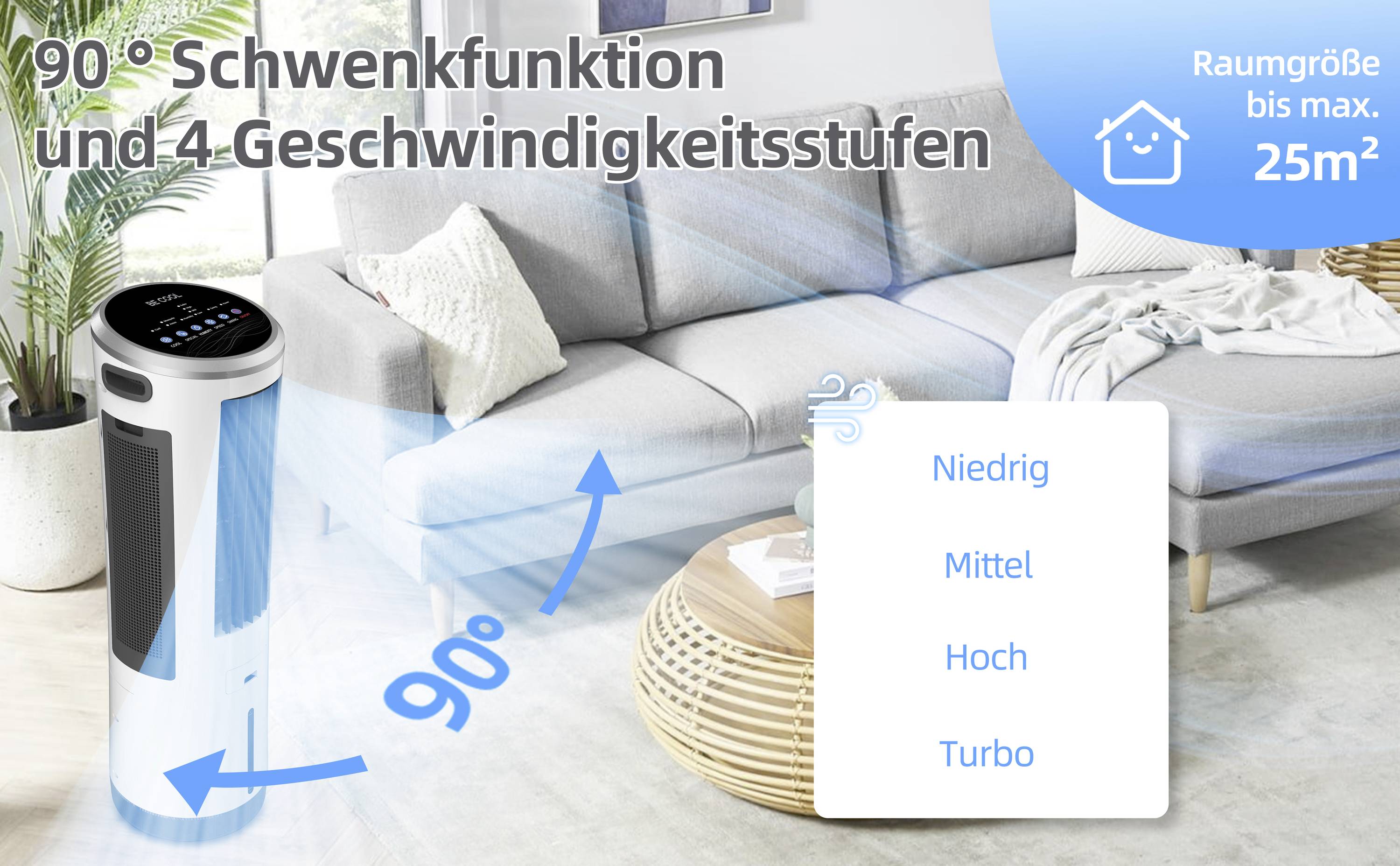 Luftkühler vor Sofa mit 90°-Schwenkfunktion und 4 Geschwindigkeitsstufen: Niedrig, Mittel, Hoch, Turbo. Geeignet für Räume bis 25 m².