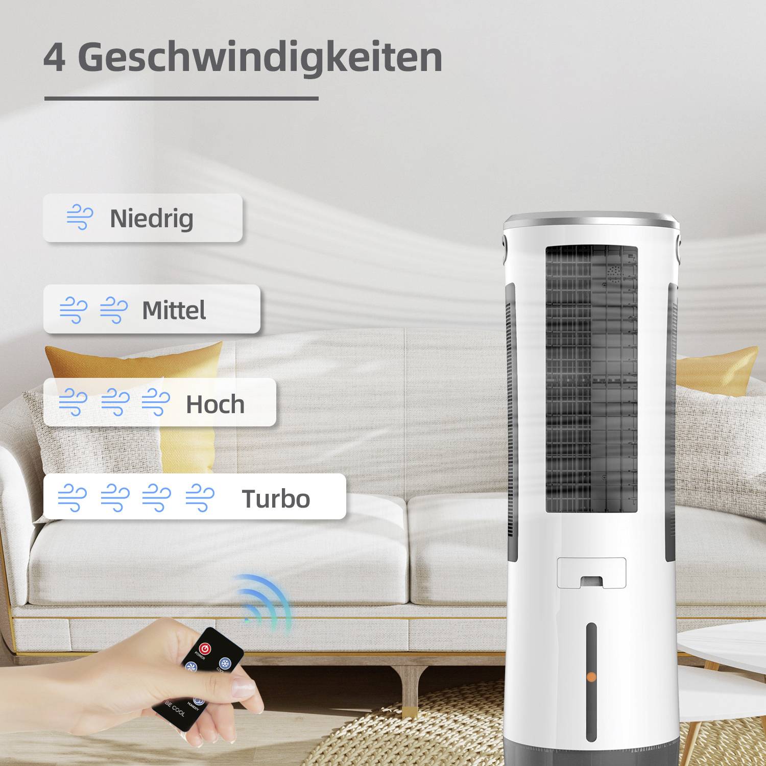 Ein weißer Ventilator im Wohnzimmer mit einer Fernbedienung. Text: '4 Geschwindigkeiten', 'Niedrig', 'Mittel', 'Hoch', 'Turbo'.