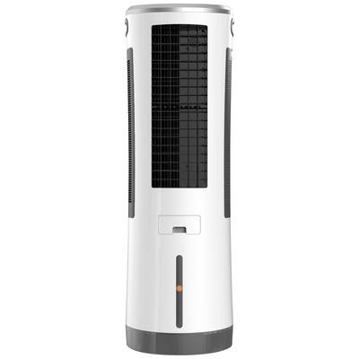 Weißer, vertikaler Turmventilator mit schwarzem Gitter an der Vorderseite und Kontrollleuchte unten. Geeignet für die Kühlung von Räumen.