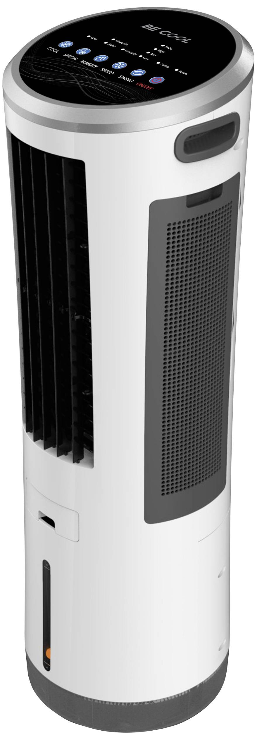 Weiß-schwarzer Luftkühler, zylindrisch, mit Bedienfeld oben, vertikalen Lüftungsschlitzen an der Seite und sichtbarem Wasserstandsanzeiger.