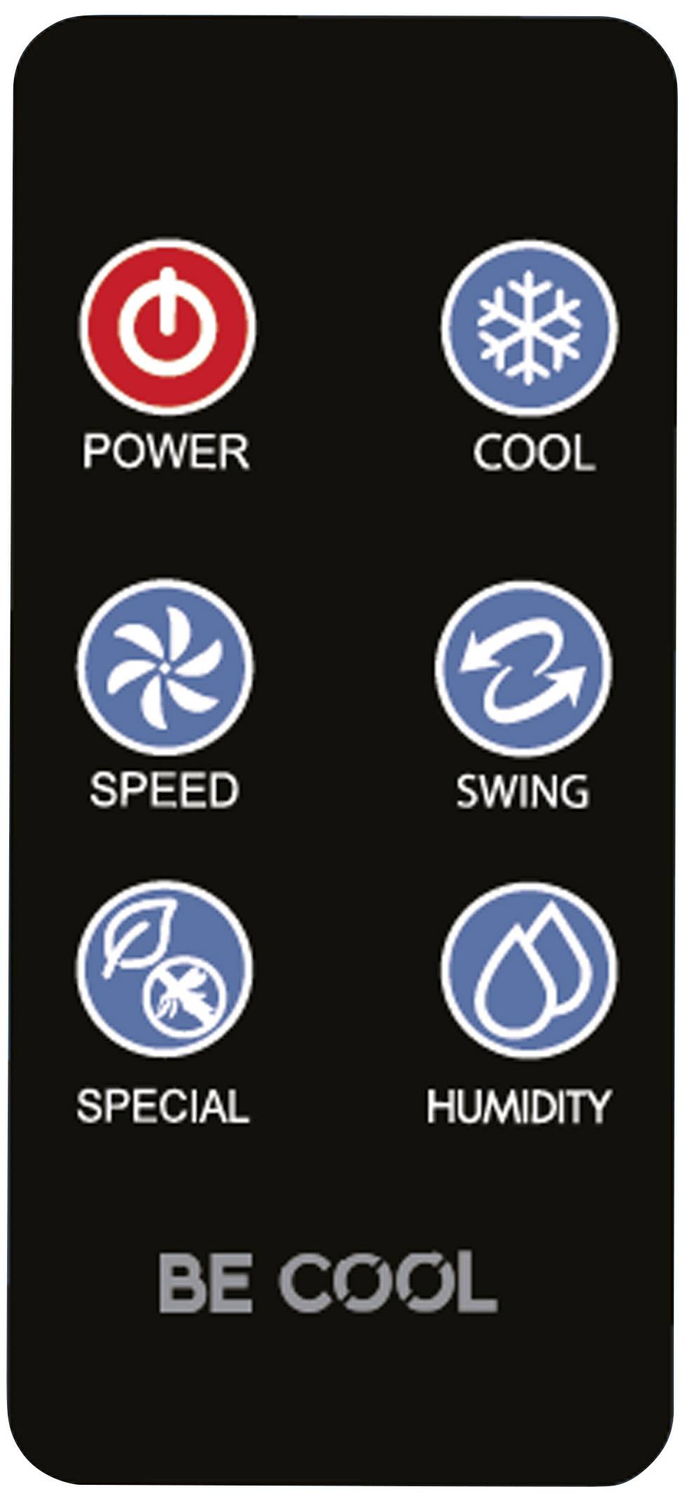 Fernbedienung mit sechs blauen Symboltasten: 'POWER', 'COOL', 'SPEED', 'SWING', 'SPECIAL', 'HUMIDITY'. Oben rot hervorgehoben: 'POWER'. Text unten: 'BE COOL'.