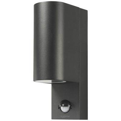 Wandleuchte mit integriertem Bewegungssensor, modernes Design mit schwarzem Gehäuse. Ideal für Außenbereiche zur automatischen Beleuchtung.