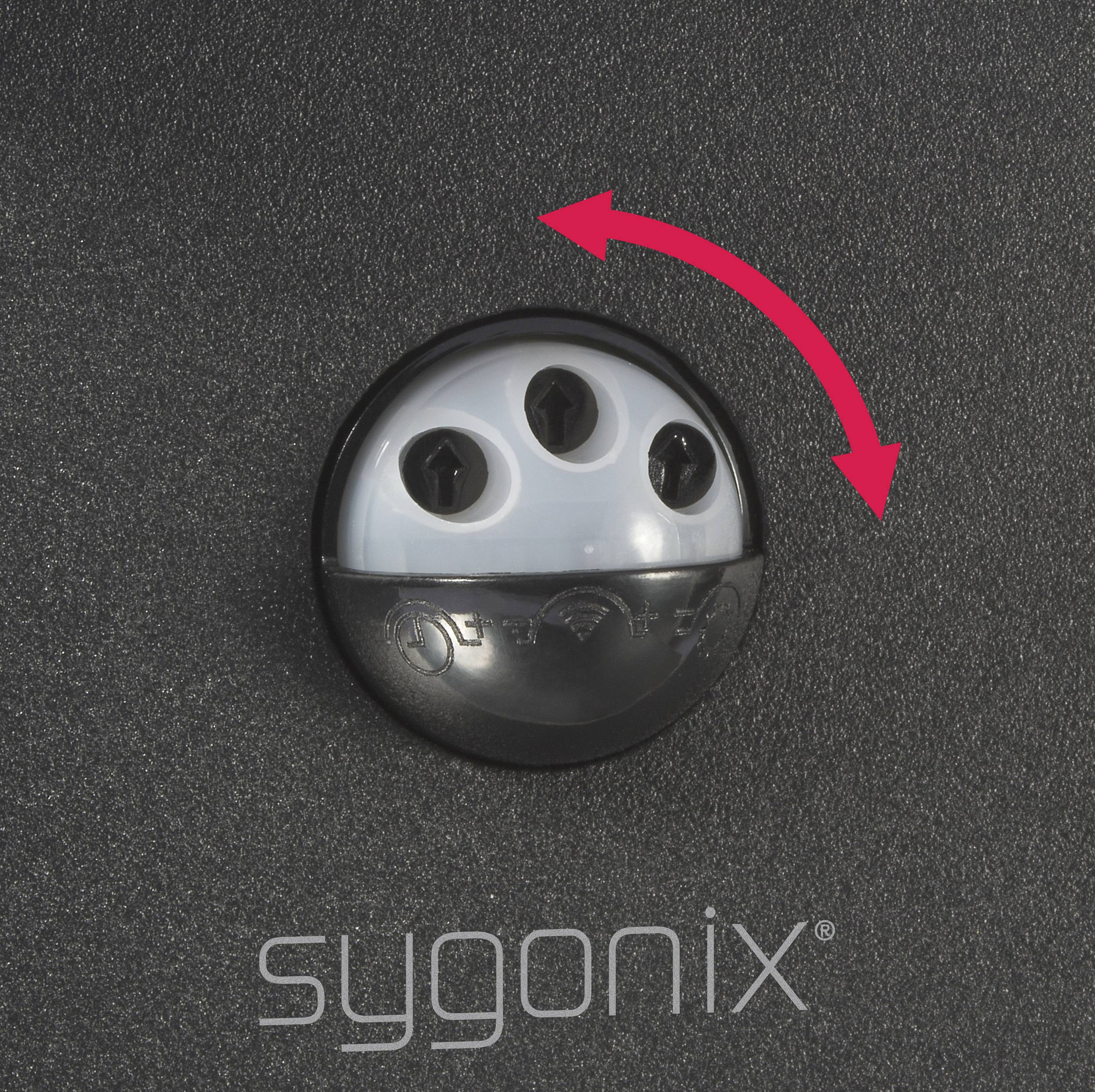 Schwarzer Sensor mit drei kreisförmigen Öffnungen und einem roten Pfeil, der eine Bewegung anzeigt. Markenname 'sygonix' unten.