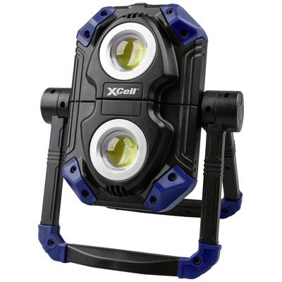Tragbare LED-Arbeitsleuchte mit zwei runden Lampen, robustem Gehäuse und klappbarem Standfuß, geeignet für Baustellen.
