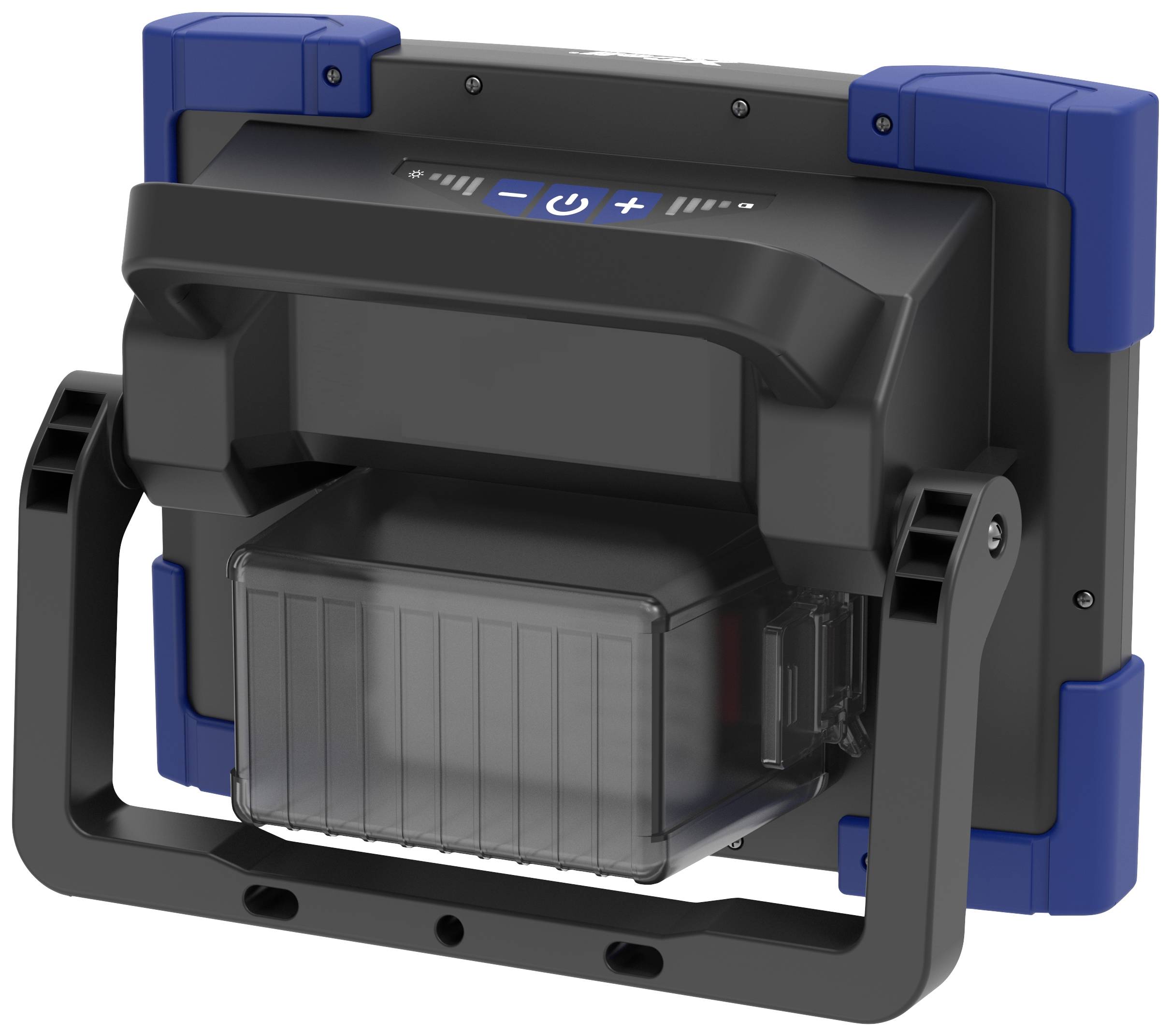 Ein tragbares LED-Arbeitslicht in blauer und schwarzer Farbe mit großem, verstellbarem Griff und sichtbarem Einschaltknopf auf der Rückseite.