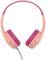 Rosa Kopfhörer mit gepolsterten Ohrmuscheln und grauem Kabel, Ansicht von vorne. Geeignet für Musik- oder Audiowiedergabe.
