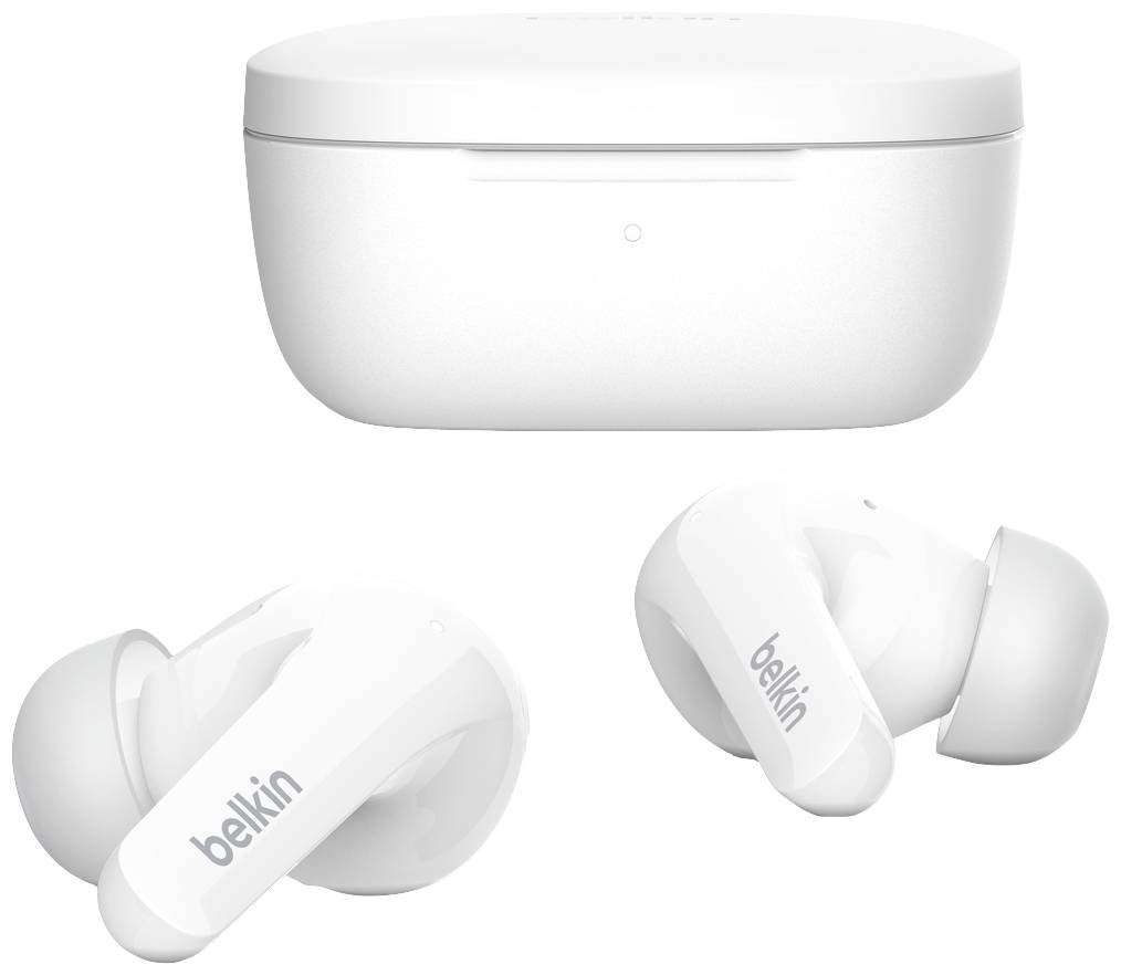 Kabellose, weiße In-Ear-Kopfhörer mit Ladeetui. Die Kopfhörer tragen die Aufschrift 'belkin' und sind ergonomisch gestaltet.