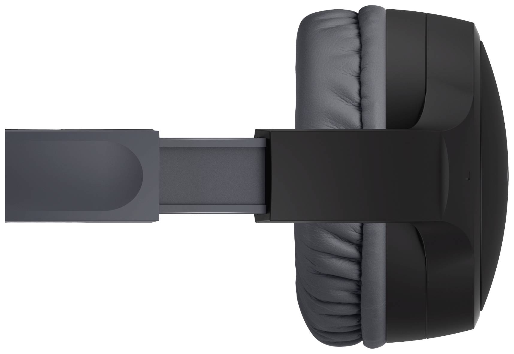 Schwarzer Kopfhörer, seitliche Ansicht des Ohrpolsters und Bügels, zeigt die Polsterung und den verstellbaren Schiebemechanismus.