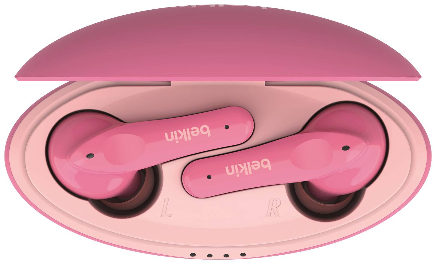 Rosa kabellose Ohrhörer mit Ladestation in ovaler Form, offen gezeigt. Markierung 'L' und 'R' für linken und rechten Ohrhörer.