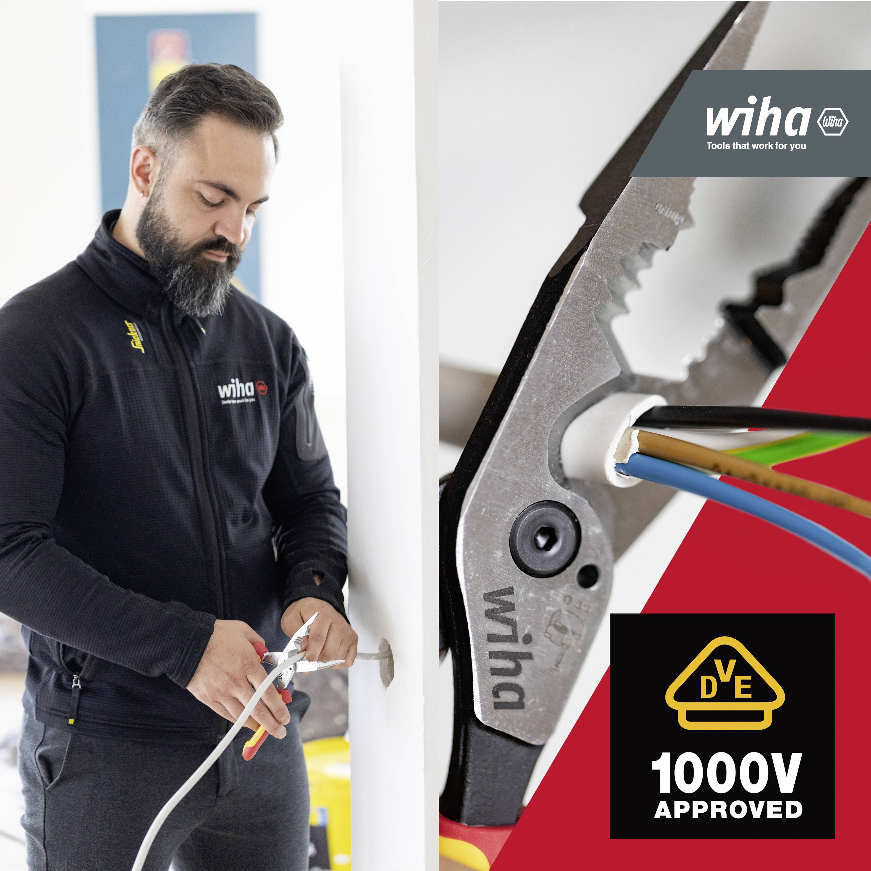 Mann benutzt Zange, um Kabel zu schneiden. Nahaufnahme der Wiha-Zange und DVE 1000V Zulassung im Bild.