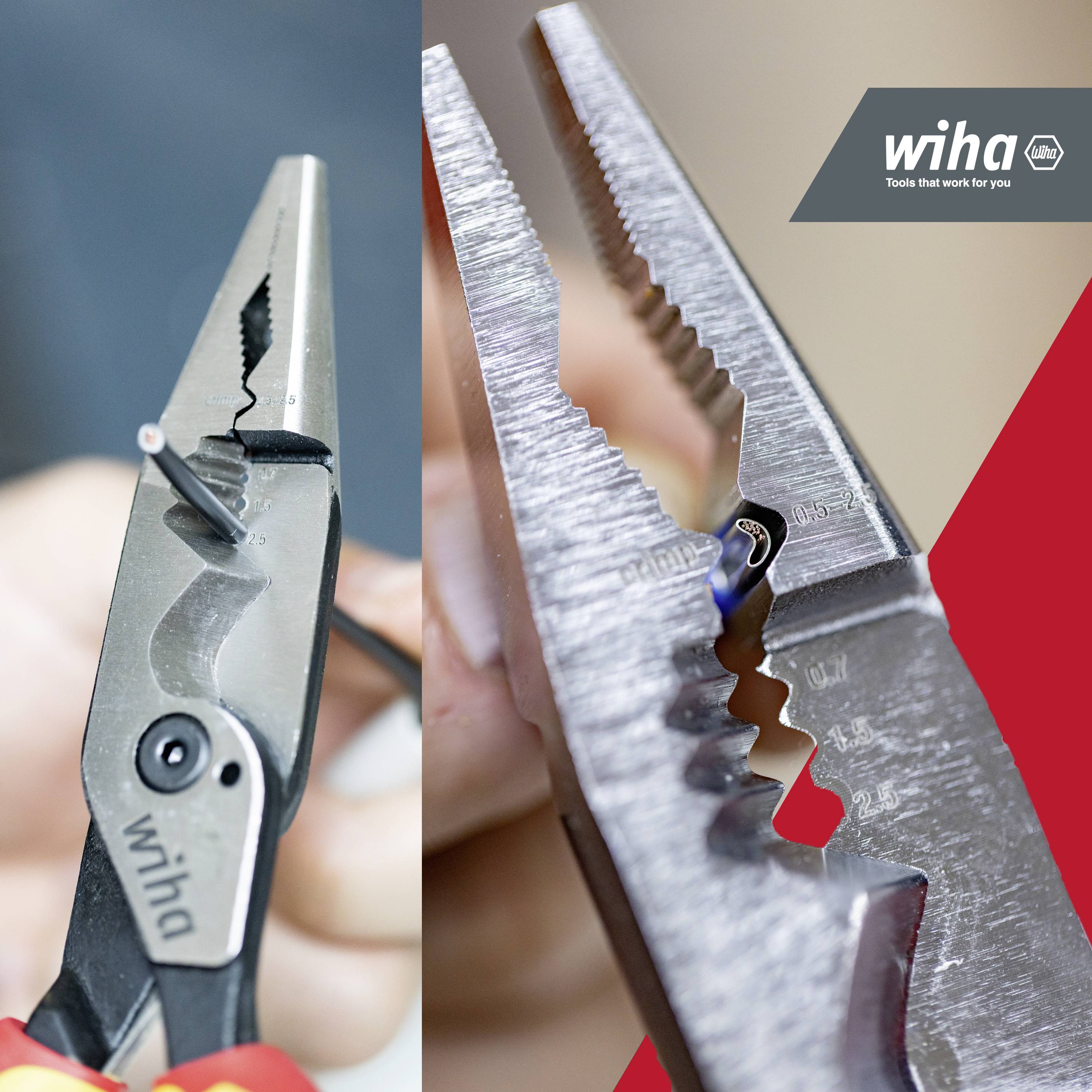 Zwei Bilder zeigen Zangen, die Drähte schneiden. Links mit schwarzem Griff, rechts Nahaufnahme. Logo oben rechts 'wiha - Tools that work for you'.