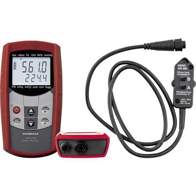 Digitales Druckmessgerät Modell GMSD 350 mit rotem Gehäuse, Anzeige zeigt '56.10' und '22.44'. Enthalten sind Sensor und Verbindungskabel.