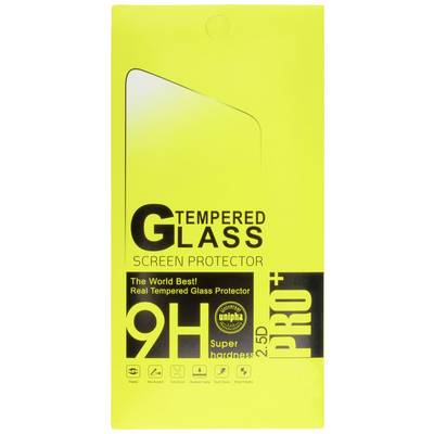 'Hülle für gehärtetes Glas Schutzfolie. Gelber Hintergrund, Text: Tempered Glass Screen Protector, 9H Härte, 2.5D-Profi.'