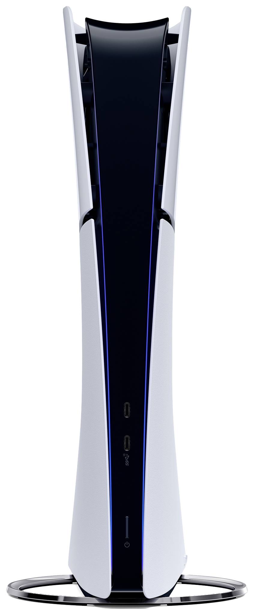 Eine weiße Spielekonsole mit vertikalem Design auf einem Ständer. Sie hat schwarze Akzente und beleuchtete Kanten.