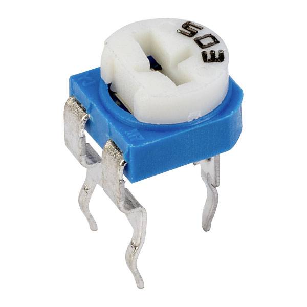Blauer Trimm-Potentiometer mit drei Anschlussbeinen und weißem Justierungsrad oben, verwendet zur Feinabstimmung von elektrischen Schaltungen.