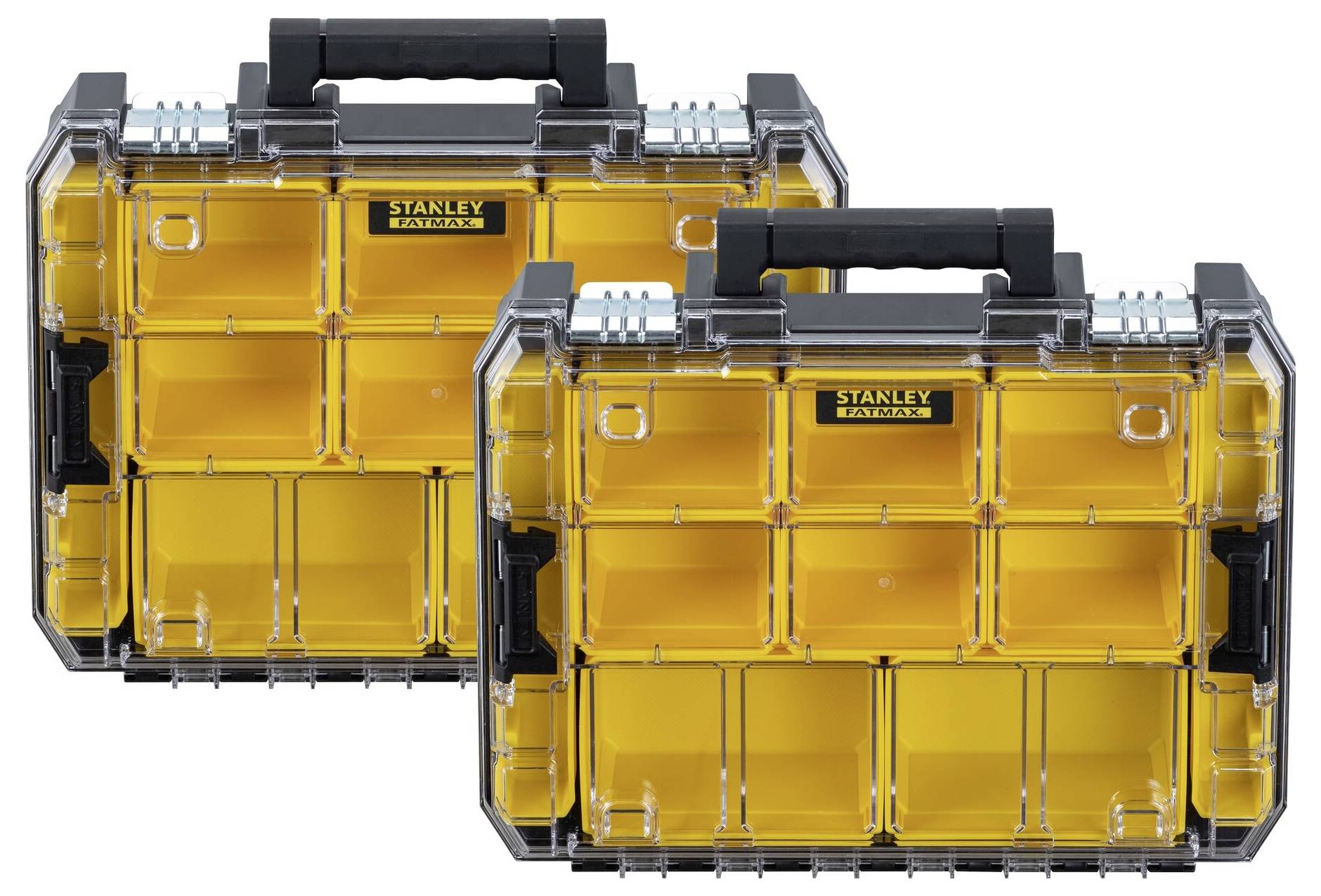Zwei gelbe Werkzeugkästen mit transparentem Deckel und schwarzem Griff, jeweils mit mehreren Fächern zum Aufbewahren von Werkzeug.